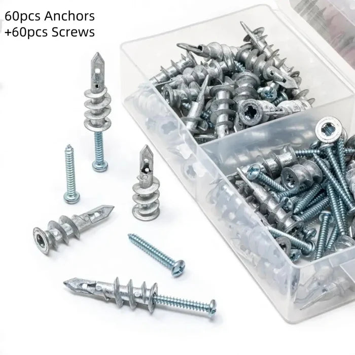 120Pcs Zinc Alloy Plasterboard Hollow Wall Anchor Set - Self-drilling Expansion Screws and Tapping Screws