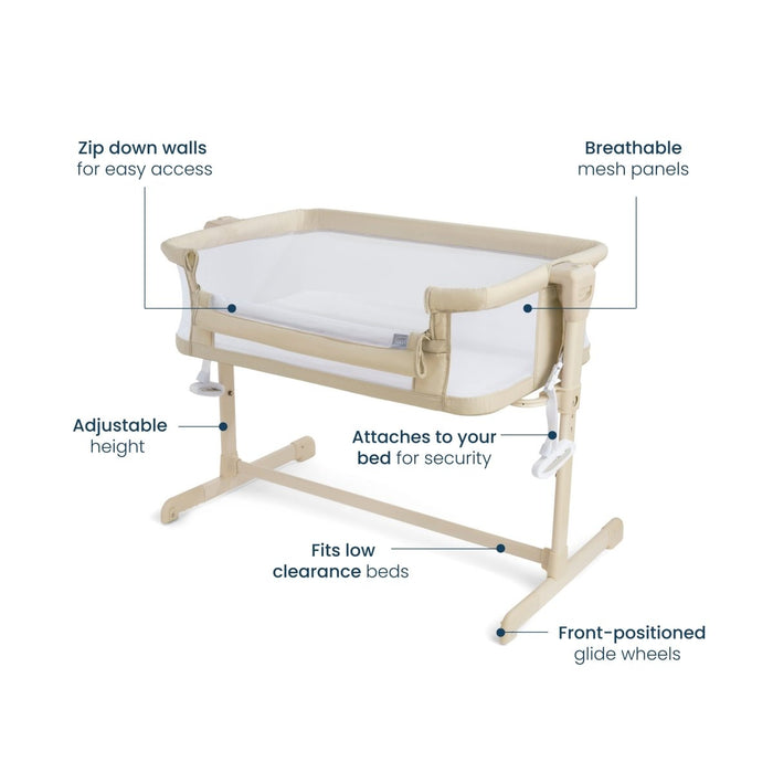 The HALO 2-in-1 Bedside BassiNest Sleeper features breathable mesh panels, zip-down sides, adjustable height, and gliding wheels. Its low-clearance design ensures easy access and secure bed attachment. Text labels highlight key features.