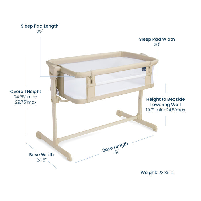 The HALO 2-in-1 Bedside BassiNest Sleeper in beige features breathable mesh sides, a sleep pad (35"L x 20"W), adjustable height (24.75–29.75"), bedside wall height (19.7–24.5"), base (41"L x 25"W), and weighs 23.35 lb.