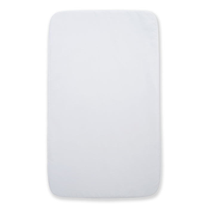 A plain, rectangular white 2-in-1 Bedside Bassinet Sleeper Fitted Sheet by HALO with rounded corners, designed for the HALO bassinet, shown against a white background.