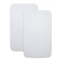 Two white, rectangular HALO 2-in-1 Bedside Bassinet Sleeper Fitted Sheets (2 Pack), made from 100% organic cotton, with rounded corners—ideal for pairing with custom or HALO BassiNest sheets.