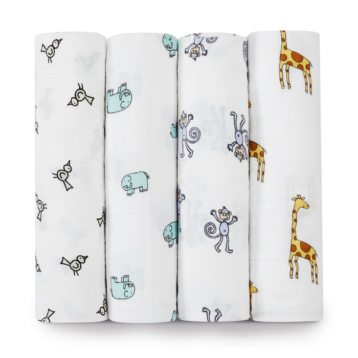 A+A Cotton Muslin Swaddle 4pk - Jungle Jam