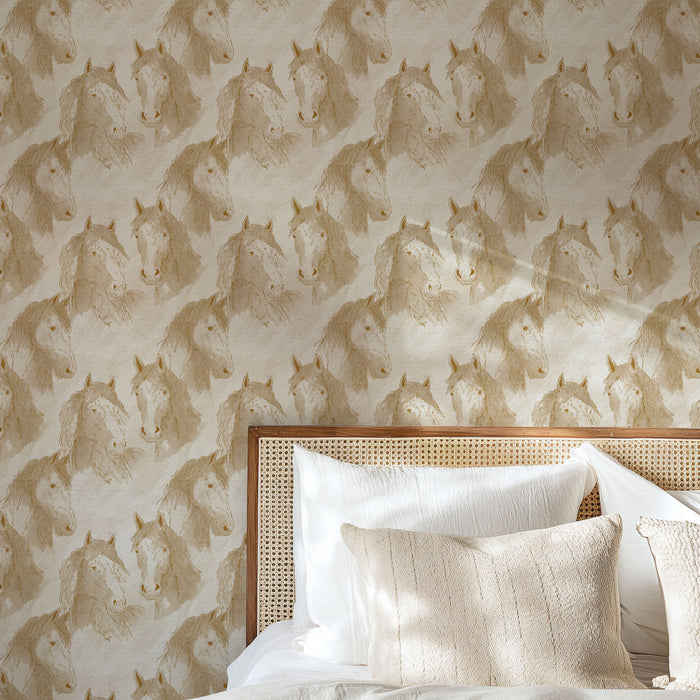 Antique Horses Wallpaper in Off White shown in a bedroom