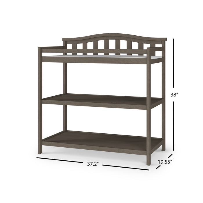 The Child Craft Arch Top Baby Changing Table in Dapper Gray features two shelves, a slatted back, and measures 38" tall, 37.2" wide, and 19.55" deep—perfect nursery furniture offering ample storage space.