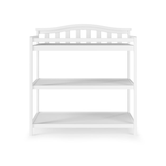 The Child Craft Arch Top Baby Changing Table in matte white features three open shelves and a curved slatted back, ideal nursery furniture, displayed on a plain white background.