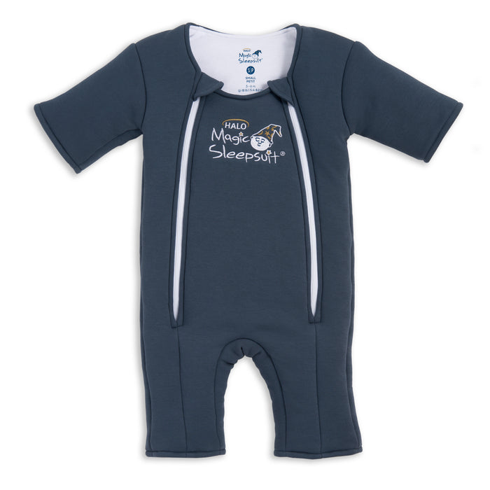 The HALO Baby Merlin's Magic Sleepsuit® 100% Cotton in dark gray features short sleeves and legs, two front zippers, white logo with a sleeping moon graphic—ideal as a baby sleep aid for swaddle transition.