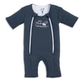 The HALO Baby Merlin's Magic Sleepsuit® 100% Cotton in dark gray features short sleeves and legs, two front zippers, white logo with a sleeping moon graphic—ideal as a baby sleep aid for swaddle transition.