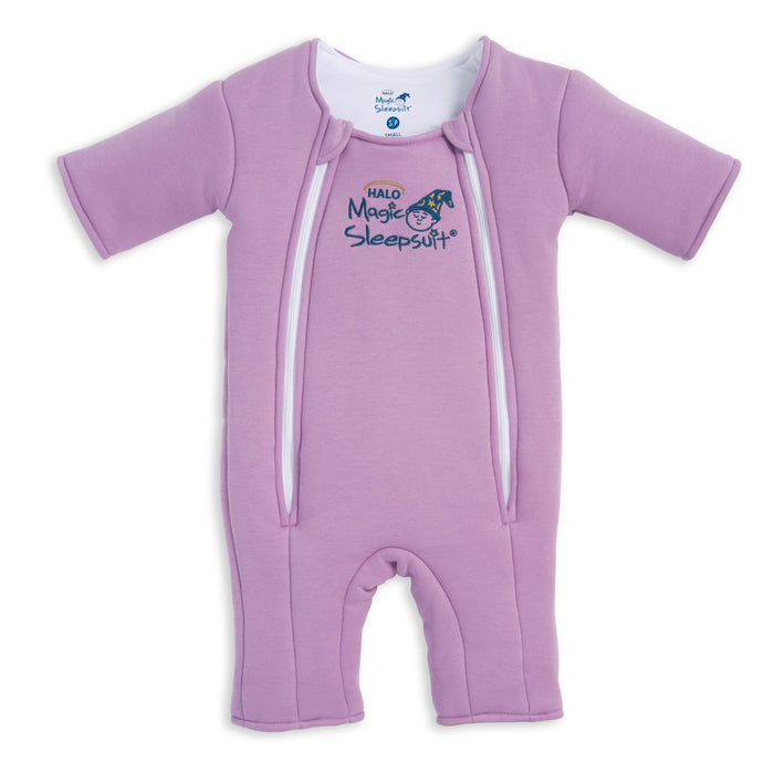 The HALO Baby Merlin's Magic Sleepsuit® 100% Cotton in lavender features long sleeves, dual front zippers, and a chest logo with moon and stars—perfect for swaddle transition and better baby sleep. Shown flat on a white background.