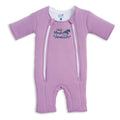 The HALO Baby Merlin's Magic Sleepsuit® 100% Cotton in lavender features long sleeves, dual front zippers, and a chest logo with moon and stars—perfect for swaddle transition and better baby sleep. Shown flat on a white background.