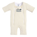 The HALO Baby Merlin's Magic Sleepsuit® 100% Cotton is a cream baby sleep suit with long sleeves and legs, dual front zippers, and a sleeping moon logo—ideal for swaddle transition.
