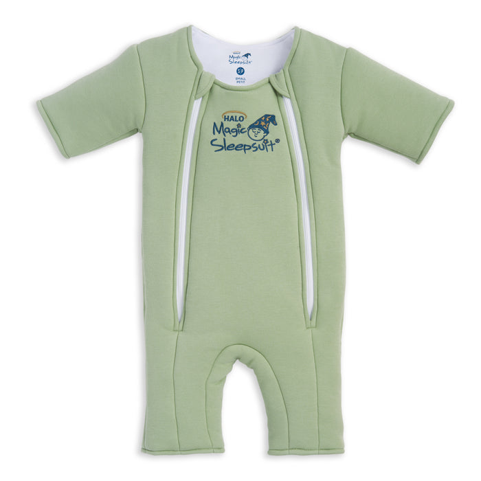 Light green short-sleeve HALO Baby Merlin's Magic Sleepsuit® 100% Cotton with two vertical zippers, moon and sleeping baby graphic—perfect for swaddle transition, offering comfort and convenience for your little one.