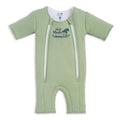 Light green short-sleeve HALO Baby Merlin's Magic Sleepsuit® 100% Cotton with two vertical zippers, moon and sleeping baby graphic—perfect for swaddle transition, offering comfort and convenience for your little one.