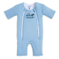A light blue short-sleeve Baby Merlin's Magic Sleepsuit® (100% cotton) by HALO with front zippers and a cartoon sleeping baby in a hat, perfect for swaddle transition and comfort during sleep regression.