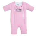 The HALO Baby Merlin's Magic Sleepsuit® 100% Cotton is a pink, long-sleeved, footed baby sleepsuit with two front zippers and a chest logo featuring a sleeping moon—ideal for swaddle transition.
