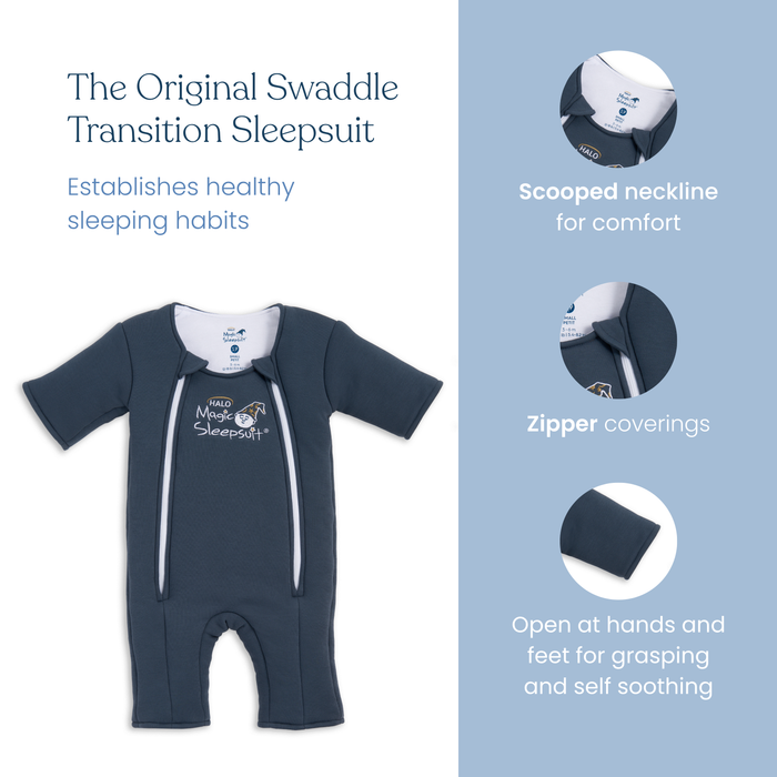 HALO’s Baby Merlin's Magic Sleepsuit® 100% Cotton in navy blue features a scooped neckline, zipper covers, and hand and foot openings. Ideal for comfortable sleep, it helps babies transition out of swaddle on a calming blue and white design.