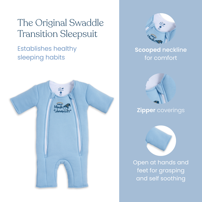 The HALO Baby Merlin's Magic Sleepsuit® 100% Cotton in light blue transitions babies from swaddling, features a scooped neckline, zipper covers, hand and foot openings, and encourages self-soothing for healthy sleep during regressions.