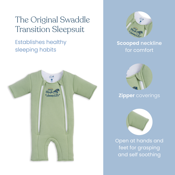 The HALO Baby Merlin's Magic Sleepsuit® 100% Cotton in green has zippers, a scooped neckline, zipper coverings, open hands and feet. Its design supports swaddle transition to help establish healthy sleep habits for babies.