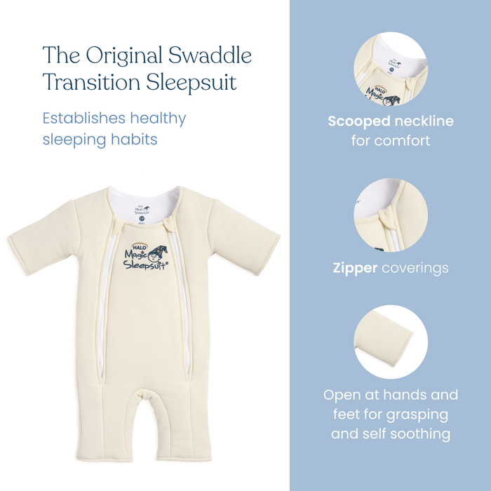 The HALO Baby Merlin's Magic Sleepsuit® 100% Cotton features an off-white design with a scooped neckline, zipper covers, and open hands and feet. A circular close-up on blue highlights its comfort for swaddle transition and soft fabric details.