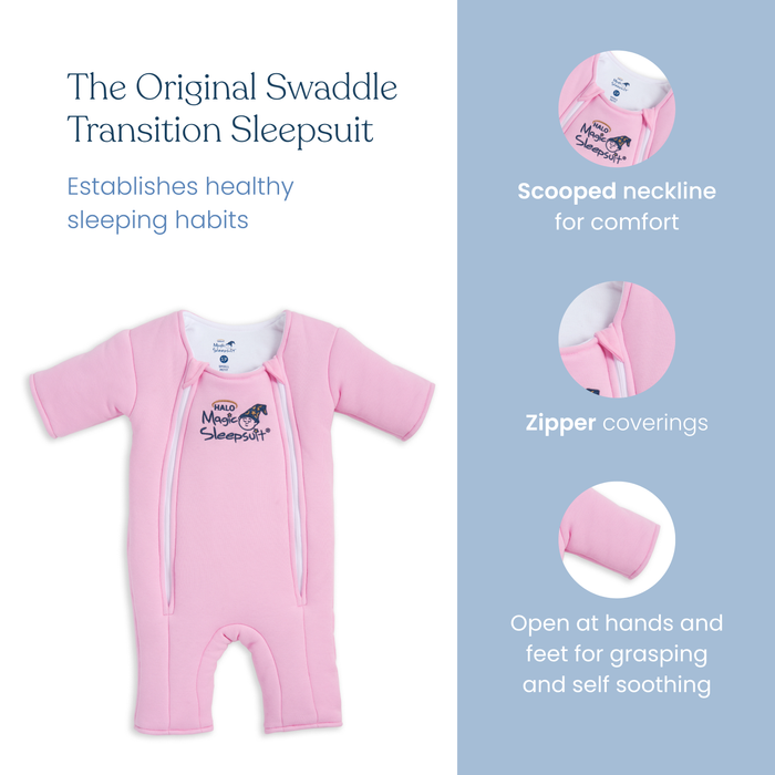 The HALO Baby Merlin's Magic Sleepsuit® 100% Cotton features a scooped neckline, zipper covers, and hand/foot openings for comfort and self-soothing—ideal for swaddle transition. Close-up images of each feature appear on the right.