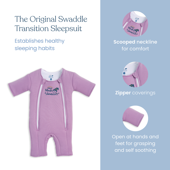 The HALO Baby Merlin's Magic Sleepsuit® 100% Cotton in lavender features a scooped neckline, zipper coverings, and open hands and feet. Displayed on a blue background, it supports swaddle transition and promotes better baby sleep.