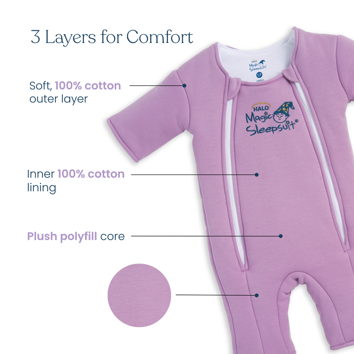 The HALO Baby Merlin's Magic Sleepsuit® 100% Cotton in lavender features a soft cotton outer and lining with plush polyfill core, shown with labels highlighting its three comfort layers—ideal for swaddle transition and better baby sleep.
