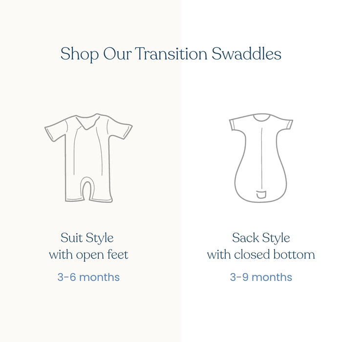On the left: Baby Merlin's Magic Sleepsuit® 100% Cotton (3–6 months, open feet). On the right: HALO SleepSack Swaddle (3–9 months, closed bottom). Shop these swaddle transition options.