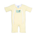 Yellow micro-fleece Baby Merlin's Magic Sleepsuit with logo on a white background