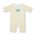 The HALO Baby Merlins Magic Sleepsuit® Micro-Fleece is a pale yellow, long-sleeve baby sleepsuit with front zippers and blue branding with a moon and star graphic—perfect for swaddle transition to help babies sleep better. Displayed on a white background.
