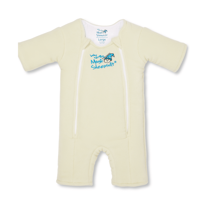 The HALO Baby Merlins Magic Sleepsuit® Micro-Fleece is a pale yellow, long-sleeve baby sleepsuit with front zippers and blue branding with a moon and star graphic—perfect for swaddle transition to help babies sleep better. Displayed on a white background.
