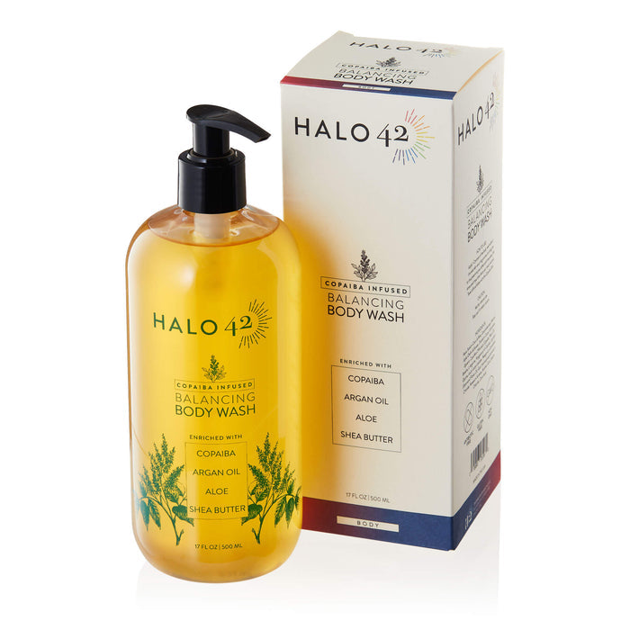 Halo42 skincare copaiba infused balancing body wash bottle and box