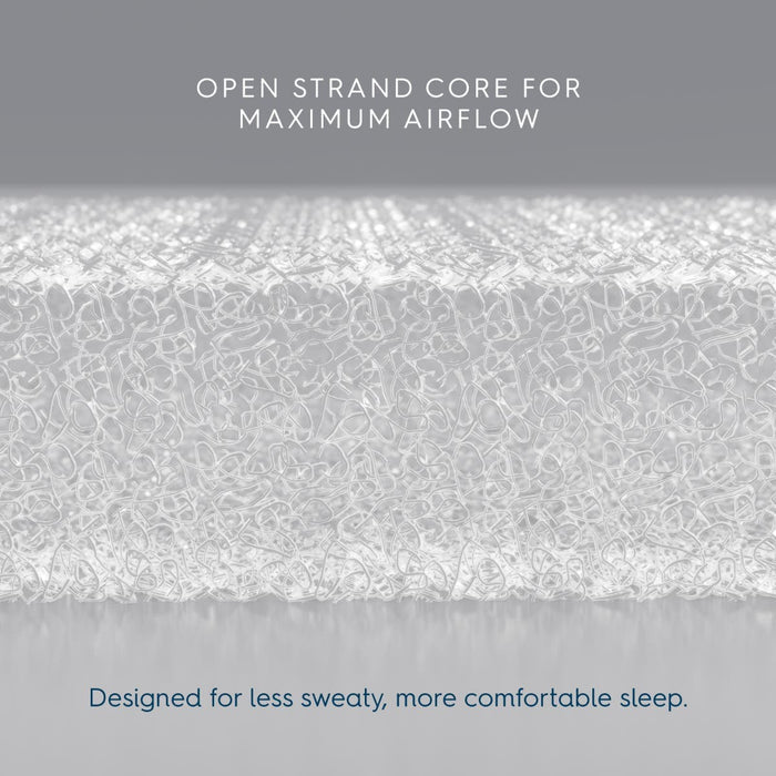 A close-up of the HALO BassiNest® DreamWeave Breathable Pad, featuring text above: Open Strand Core for Maximum Airflow and below: Designed for less sweaty, more comfortable sleep. Breathable and hypoallergenic.