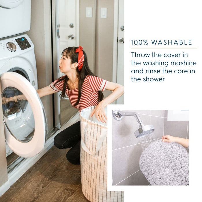 A woman loads laundry near a striped basket. An inset shows the HALO BassiNest® DreamWeave Breathable Pad’s gray, hypoallergenic cushion being rinsed. Text: 100% washable—machine wash the cover, rinse the breathable core in the shower.