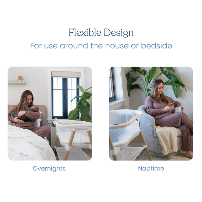 Under Flexible Design: Left image shows a woman with a baby in the HALO BassiNest® Essential Sleeper labeled Overnights, while the right image shows a woman reading by a mesh-walled crib labeled Naptime, both in bright, spacious rooms.