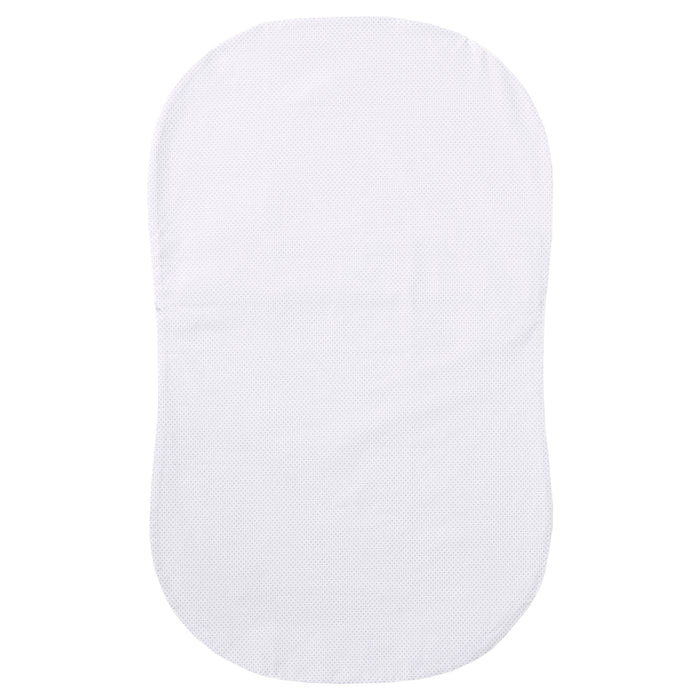 The HALO BassiNest® Fitted Sheet is oval-shaped, made from 100% soft cotton with a subtle dotted texture—gentle on delicate skin and shown on a plain white background.