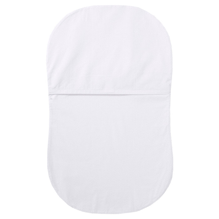 The HALO BassiNest® Fitted Sheet is made from 100% gentle cotton, featuring a white oval shape with a subtle dotted texture—ideal for delicate skin and shown on a plain white background.