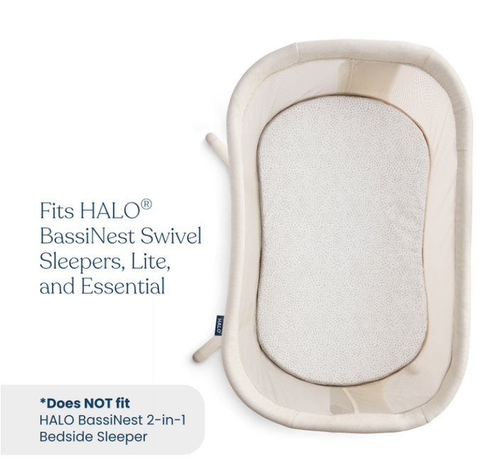 Top view of HALO BassiNest® Fitted Sheet 100% Organic Cotton 2-Pack, compatible with Swivel, Lite, and Essential models; not suitable for the BassiNest 2-in-1 Bedside Sleeper. For use with HALO bassinet mattresses.