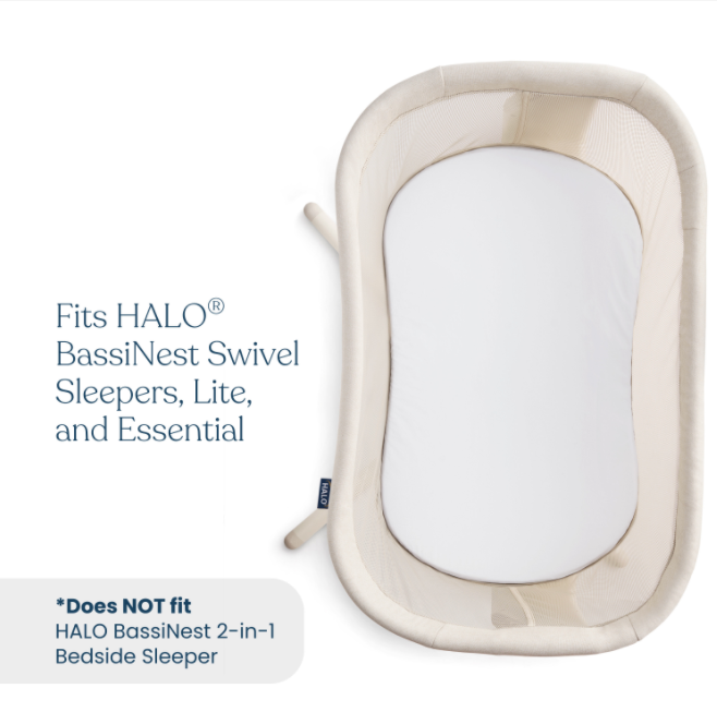 Top view of HALO BassiNest® Fitted Sheet 100% Organic Cotton 2-Pack. Perfect fit for BassiNest Swivel Sleepers, Lite, and Essential; does NOT fit BassiNest 2-in-1 Bedside Sleeper.