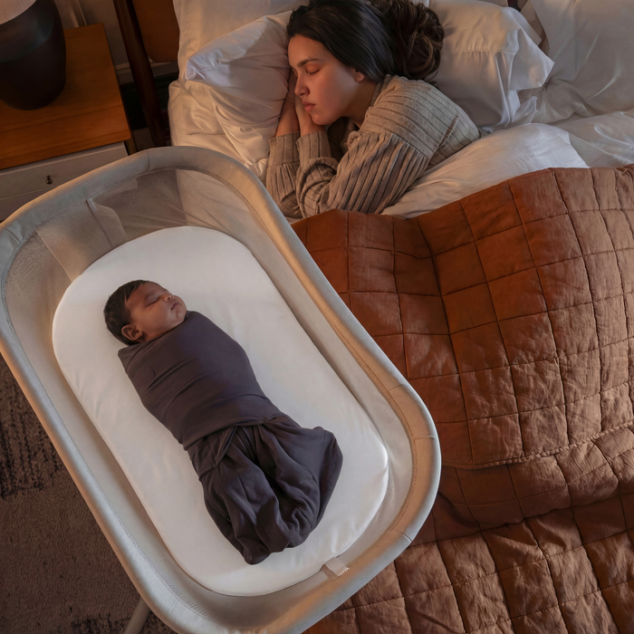 A woman sleeps under a brown quilt as a baby rests in a bassinet outfitted with HALO BassiNest® Fitted Sheet 100% Organic Cotton 2-Pack. The softly lit, cozy room creates a calm and peaceful atmosphere for both.