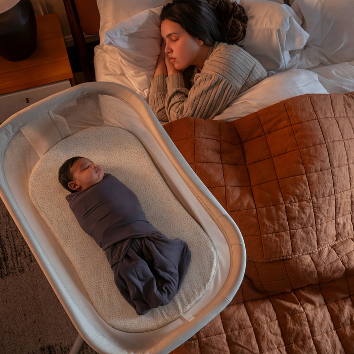 A woman sleeps in bed under a brown quilt while her swaddled baby rests peacefully on HALO BassiNest® Fitted Sheet 100% Organic Cotton 2-Pack in a nearby bassinet, creating a calm, cozy scene with warm lighting and comfort.