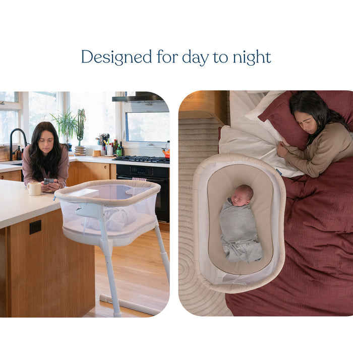 The image depicts two scenes: on the left, a woman in a kitchen next to a HALO BassiNest® Lite Portable Bassinet with breathable mesh; on the right, shes lying in bed beside it, with a baby asleep under a light gray blanket. Text reads Designed for day to night.