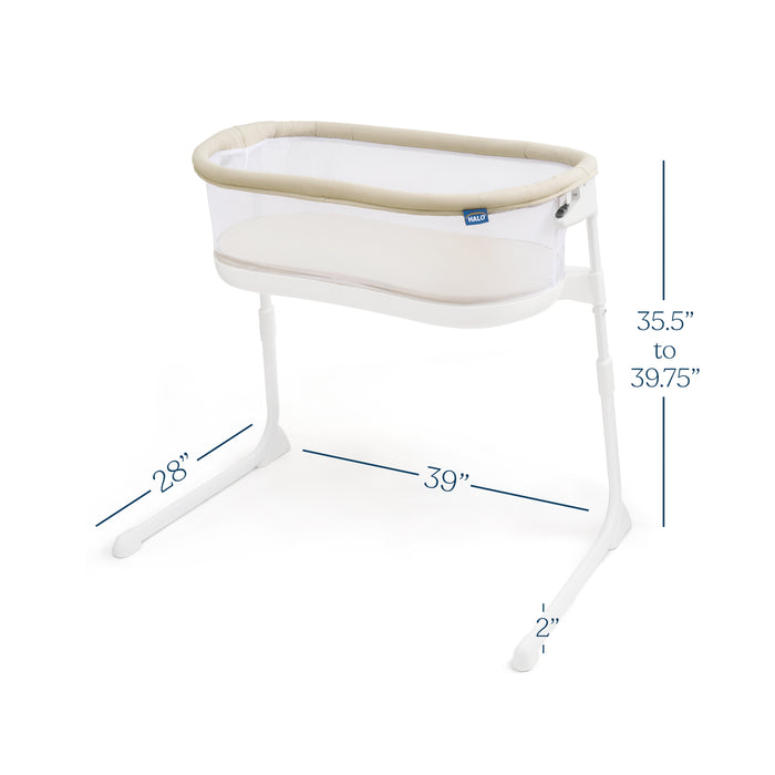 The HALO BassiNest® Lite Portable Bassinet is a white and beige baby bassinet with breathable mesh walls on a sleek white frame. It has adjustable heights from 35.5 to 39.75, measures 28 wide by 39 long, and the base extends 2 on each side.