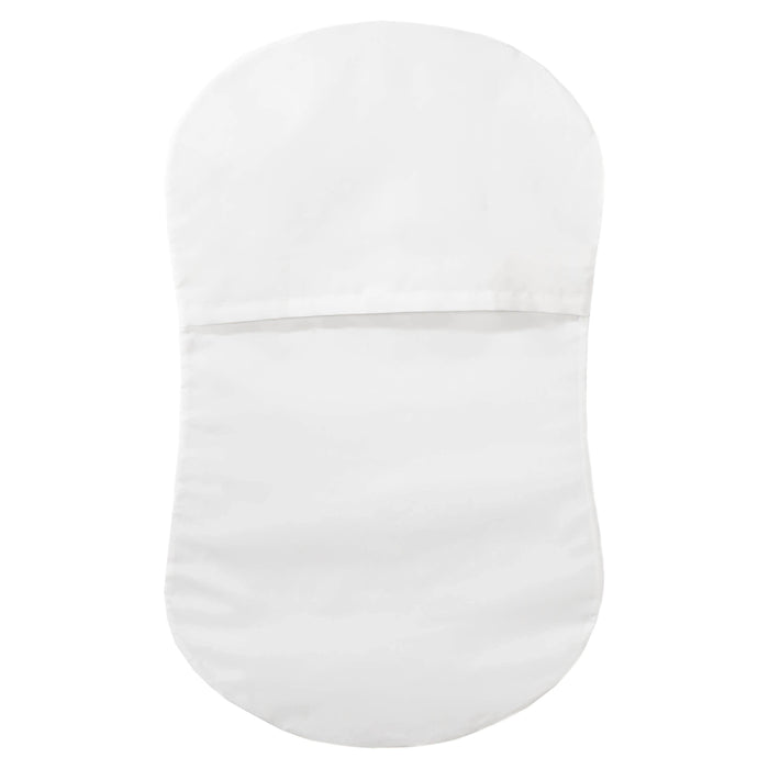 A white, oval BassiNest® Protective Cover by HALO, featuring a horizontal middle opening, custom-designed to fit the HALO BassiNest pad and shown against a plain background.