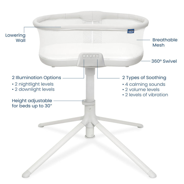 The HALO BassiNest® Soothing Swivel Sleeper 3.0S Bassinet is a safe, white baby crib with instructions—ideal for bedside use or pairing with your nursery for added soothing comfort.