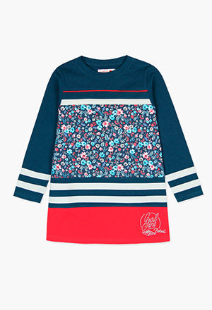 Boboli Knit Floral Dress- Navy/White/Red