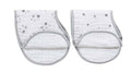 The image shows two aden + anais burpy bibs from the boutique 100% cotton muslin 2-pack: white with gray star patterns, featuring a patented design, absorbent muslin fabric, a rounded shape, and gray edging.