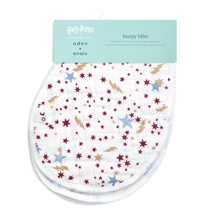 Aden + anais boutique 100% cotton muslin burpy bibs, a pack of 2 featuring Harry Potter-themed red, blue, and gold star and lightning bolt patterns. The packaging prominently showcases the product name and brand.