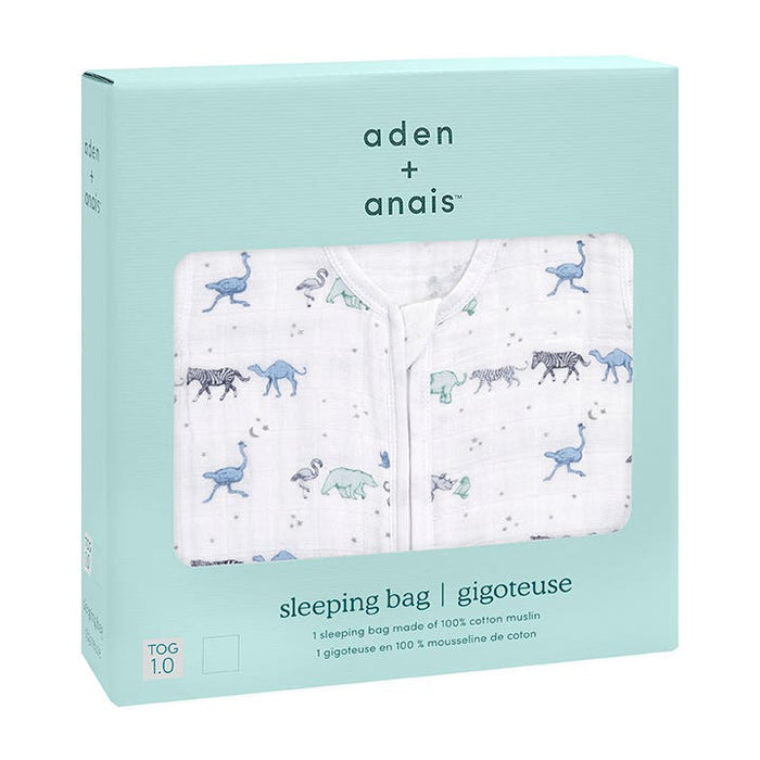 Introducing the aden + anais boutique 100% cotton muslin light sleep sack. With a 1.0 TOG rating, this breathable bag in a charming blue animal pattern ensures your little ones comfort and warmth all night.