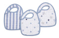 The aden + anais boutique 100% cotton muslin snap bibs 3-pack features adjustable blue-trimmed bibs with designs of blue and white stripes, polka dots, and stars in blue and gray shades. Made from absorbent muslin, they offer stylish practicality for little ones.