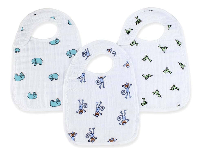 Explore aden + anais boutique muslin snap bibs, a 3-pack showcasing adorable animal prints: blue hippos, green monkeys, and blue monkeys. Made from 100% cotton muslin with a round neck and adjustable fit, these bibs keep your little one stylish and clean.