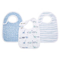 Aden + anais boutique 100% cotton muslin snap bibs come in a 3-pack featuring designs with white stars on blue, pastel animal and people patterns on white, and blue and white stripes. Each bib is absorbent and adjustable for a comfortable fit.